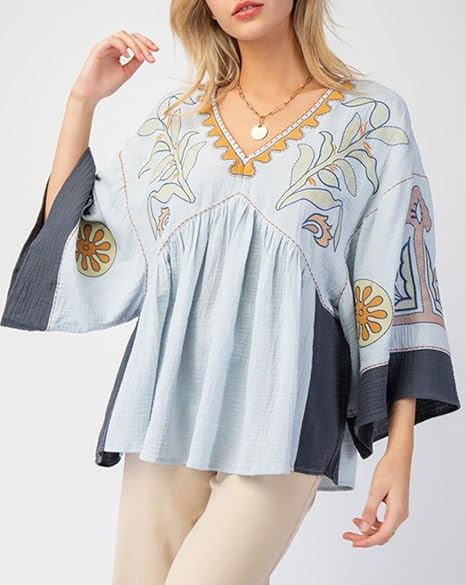 Women's Floral Printed Blouse Top Cute V Neck 3/4 Sleeve Embroidered Babydoll Tops(BUY A FREE SHIPPING)