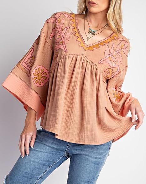 Women's Floral Printed Blouse Top Cute V Neck 3/4 Sleeve Embroidered Babydoll Tops(BUY A FREE SHIPPING)