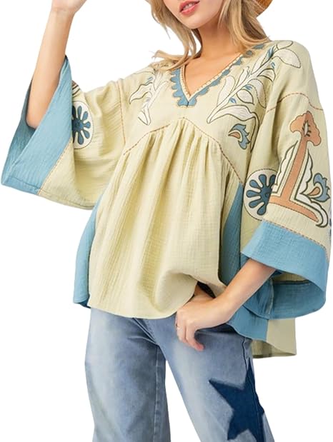 Women's Floral Printed Blouse Top Cute V Neck 3/4 Sleeve Embroidered Babydoll Tops(BUY A FREE SHIPPING)