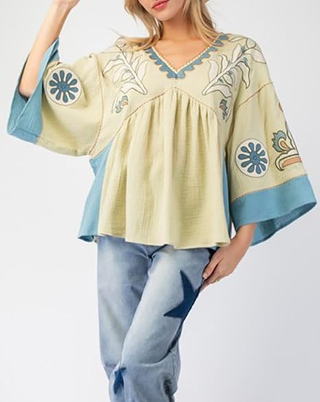 Women's Floral Printed Blouse Top Cute V Neck 3/4 Sleeve Embroidered Babydoll Tops(BUY A FREE SHIPPING)