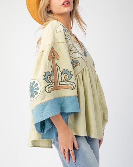 Women's Floral Printed Blouse Top Cute V Neck 3/4 Sleeve Embroidered Babydoll Tops(BUY A FREE SHIPPING)