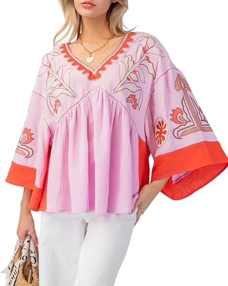 Women's Floral Printed Blouse Top Cute V Neck 3/4 Sleeve Embroidered Babydoll Tops(BUY A FREE SHIPPING)