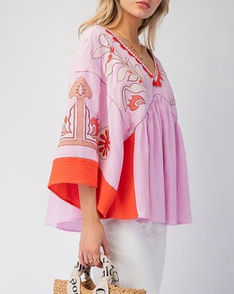 Women's Floral Printed Blouse Top Cute V Neck 3/4 Sleeve Embroidered Babydoll Tops(BUY A FREE SHIPPING)