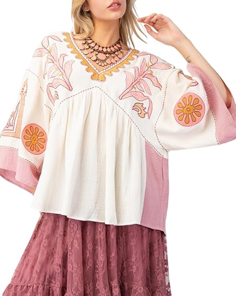Women's Floral Printed Blouse Top Cute V Neck 3/4 Sleeve Embroidered Babydoll Tops(BUY A FREE SHIPPING)