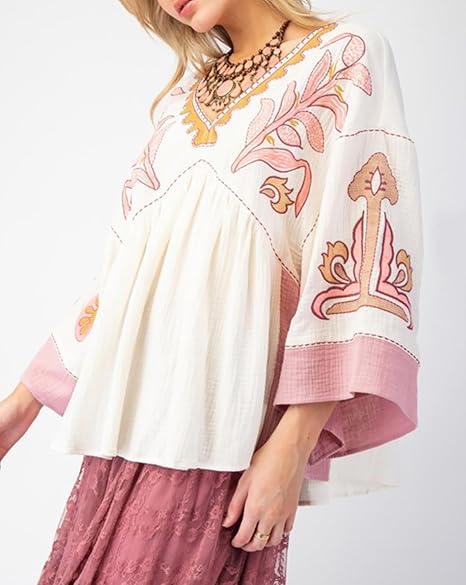 Women's Floral Printed Blouse Top Cute V Neck 3/4 Sleeve Embroidered Babydoll Tops(BUY A FREE SHIPPING)