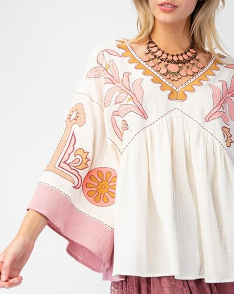 Women's Floral Printed Blouse Top Cute V Neck 3/4 Sleeve Embroidered Babydoll Tops(BUY A FREE SHIPPING)