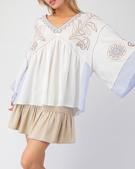 Women's Floral Printed Blouse Top Cute V Neck 3/4 Sleeve Embroidered Babydoll Tops(BUY A FREE SHIPPING)