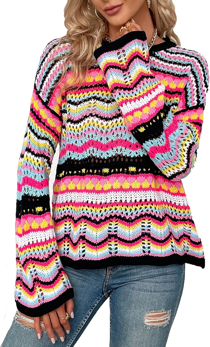 Women's Loose Striped Spliced Knitted Sweaters Female Round Neck Contrasting Pullovers