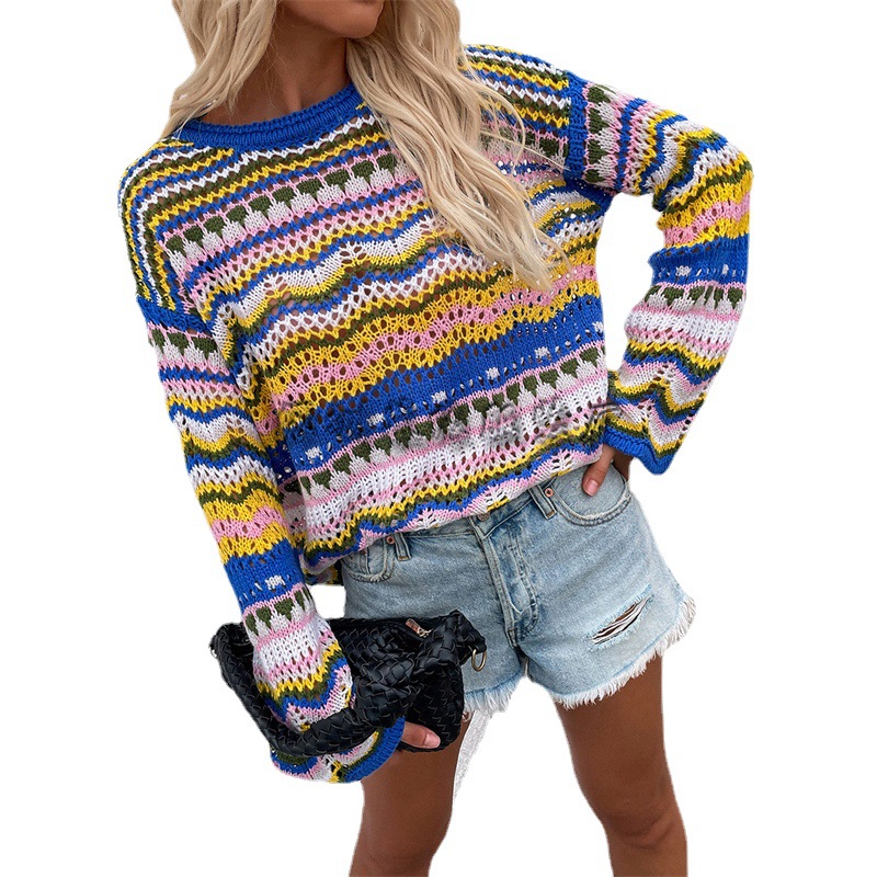 Women's Loose Striped Spliced Knitted Sweaters Female Round Neck Contrasting Pullovers