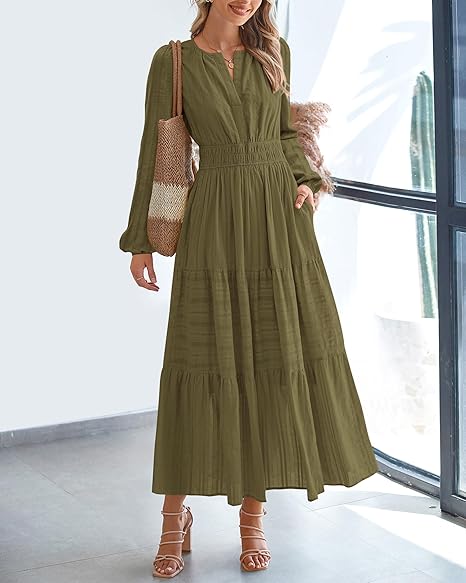 Women Casual Long Sleeve V Neck Elastic Pocket Dress