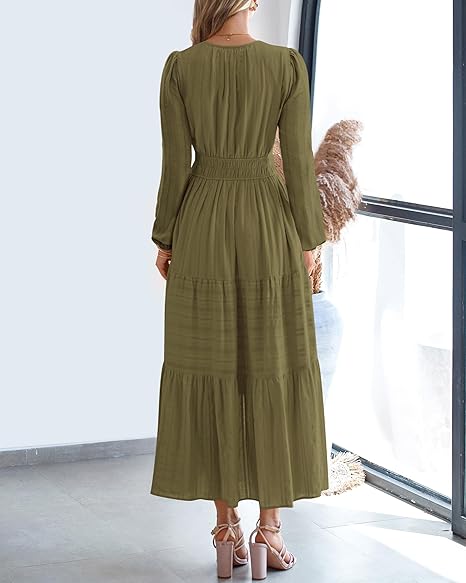 Women Casual Long Sleeve V Neck Elastic Pocket Dress