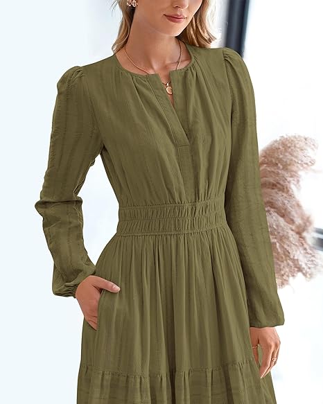 Women Casual Long Sleeve V Neck Elastic Pocket Dress