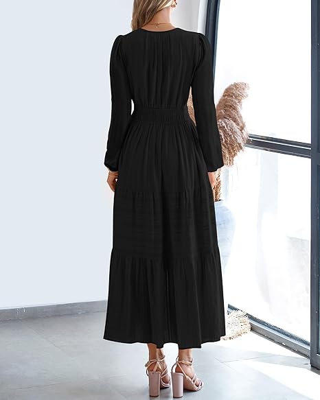 Women Casual Long Sleeve V Neck Elastic Pocket Dress