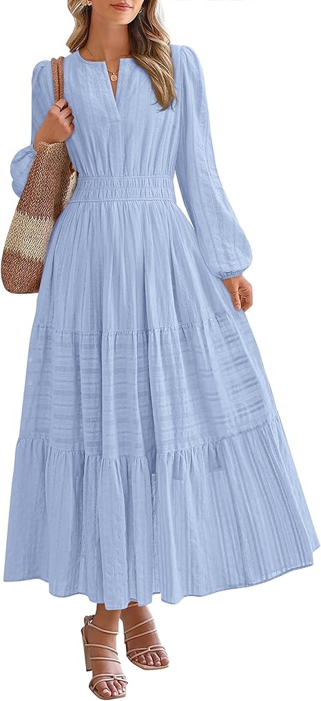 Women Casual Long Sleeve V Neck Elastic Pocket Dress