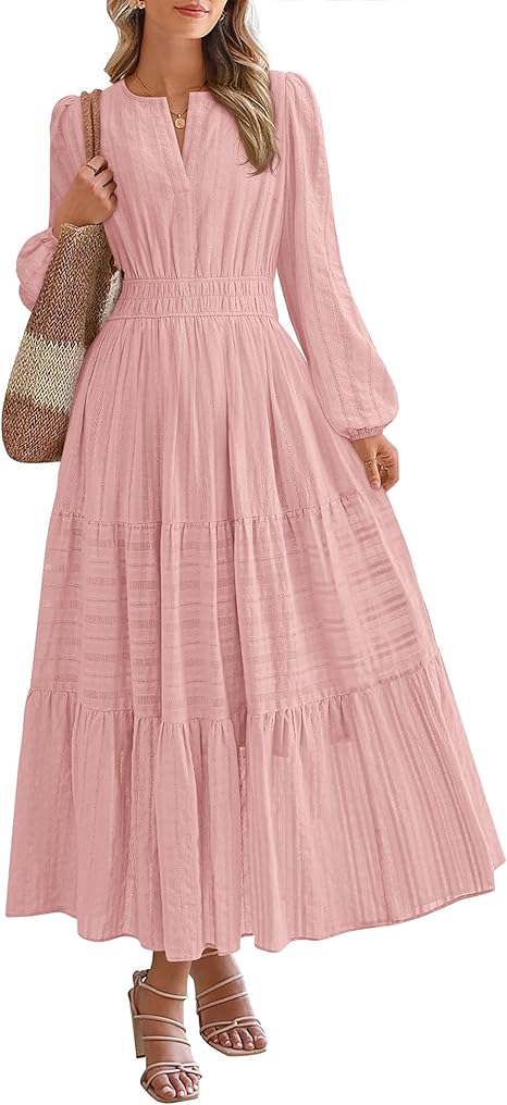 Women Casual Long Sleeve V Neck Elastic Pocket Dress