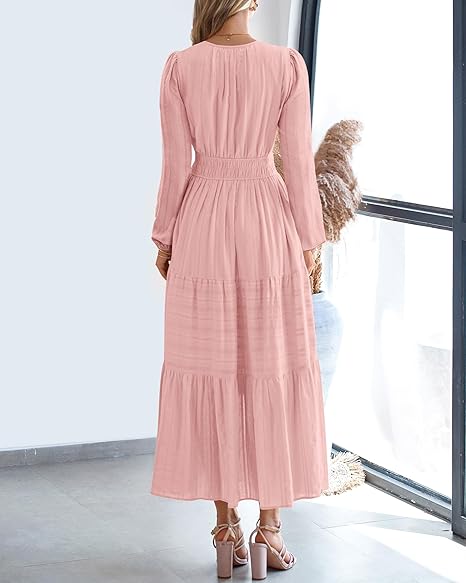 Women Casual Long Sleeve V Neck Elastic Pocket Dress