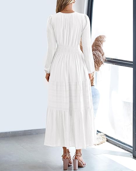 Women Casual Long Sleeve V Neck Elastic Pocket Dress