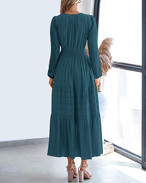 Women Casual Long Sleeve V Neck Elastic Pocket Dress