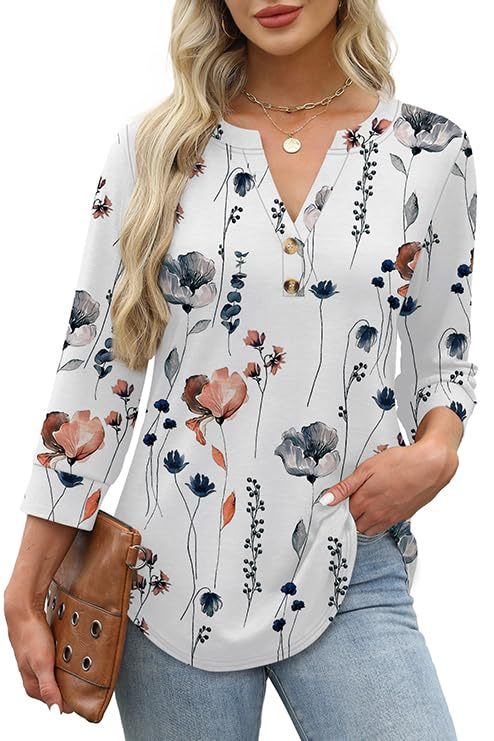 2025 New Womens 3/4 Sleeve Heley Button V neck Tops(buy 3 free shipping)