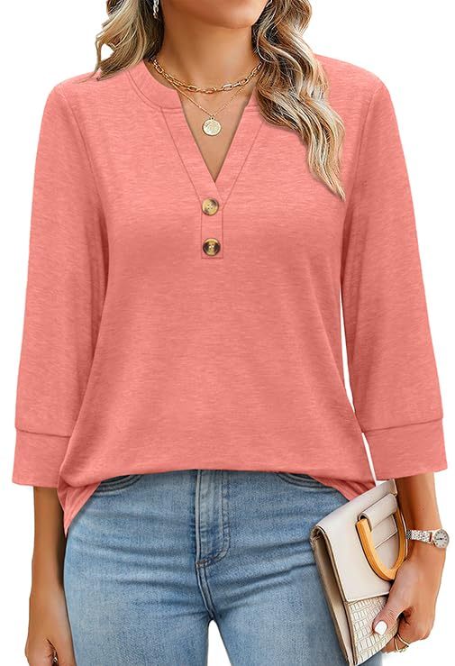 2025 New Womens 3/4 Sleeve Heley Button V neck Tops(buy 3 free shipping)