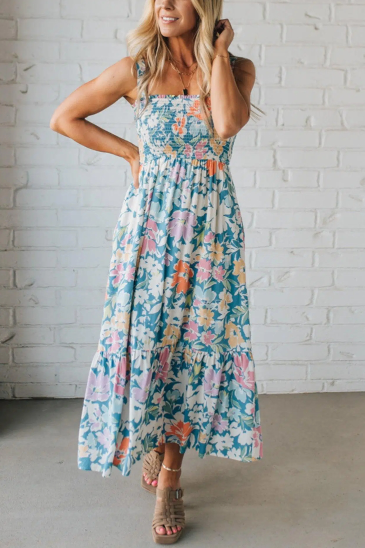 Tapered Strap Floral Midi Dress