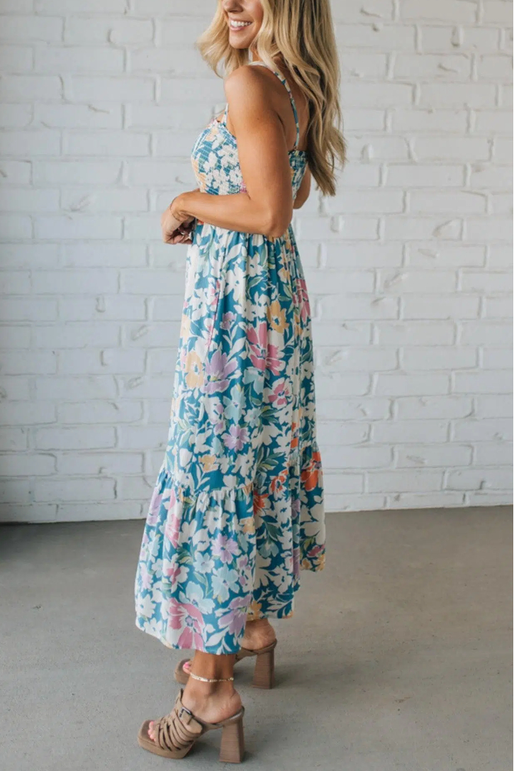 Tapered Strap Floral Midi Dress
