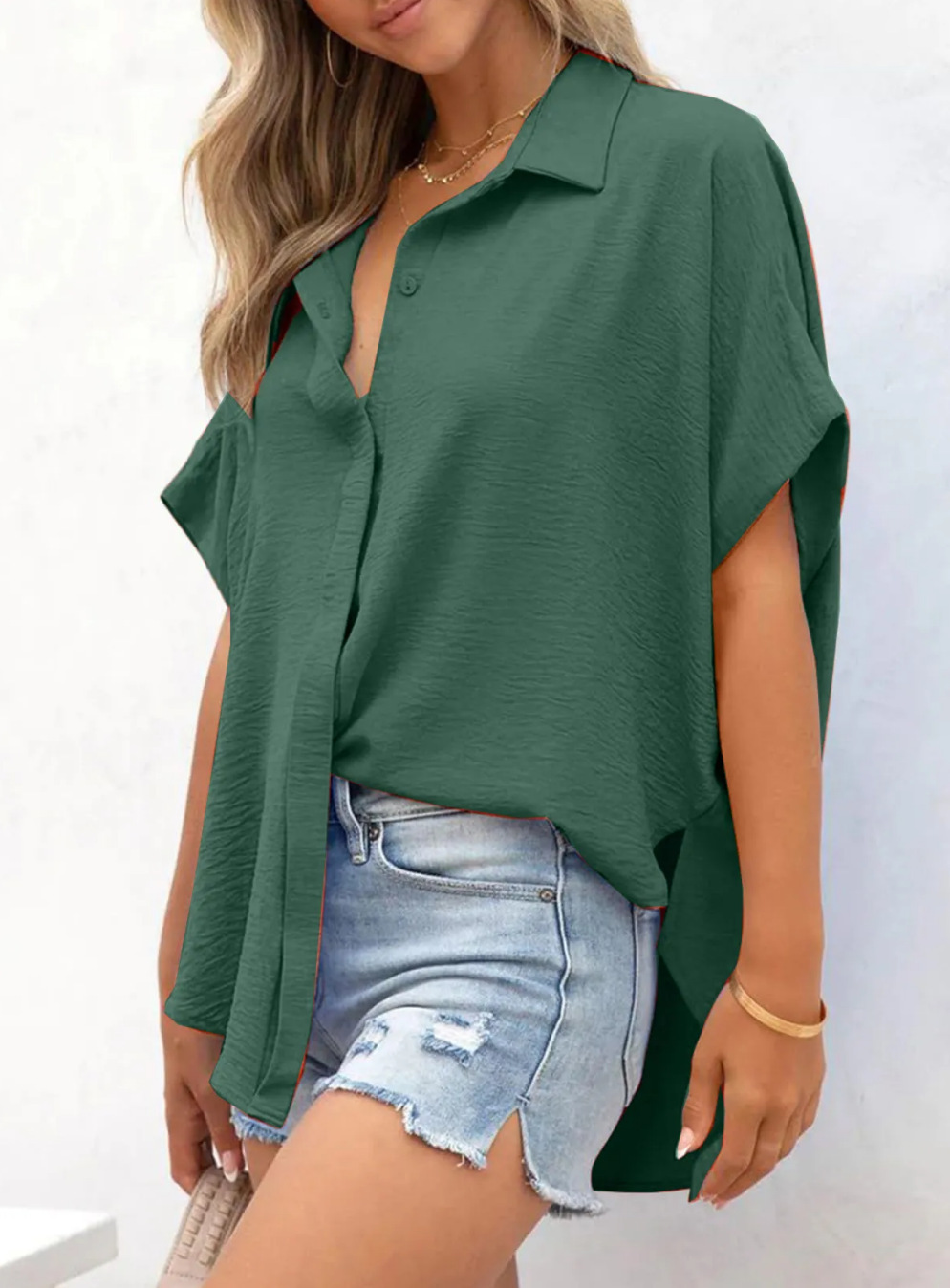 Women's Solid Color V-Neck Button Batwing Sleeve Shirt(BUY 2 FREE SHIPPING)