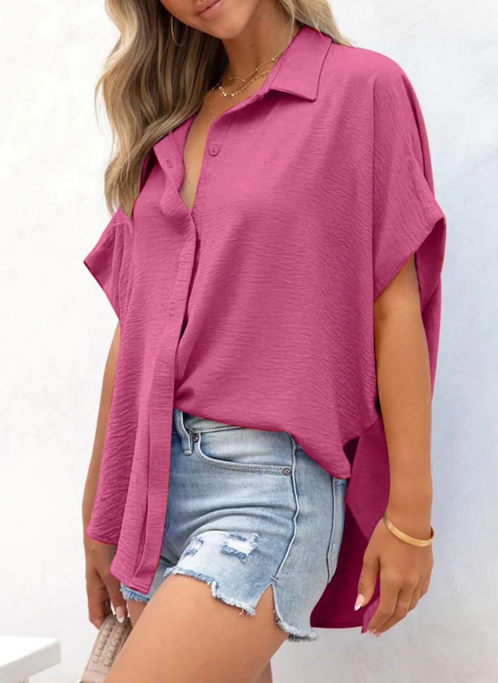 Women's Solid Color V-Neck Button Batwing Sleeve Shirt(BUY 2 FREE SHIPPING)