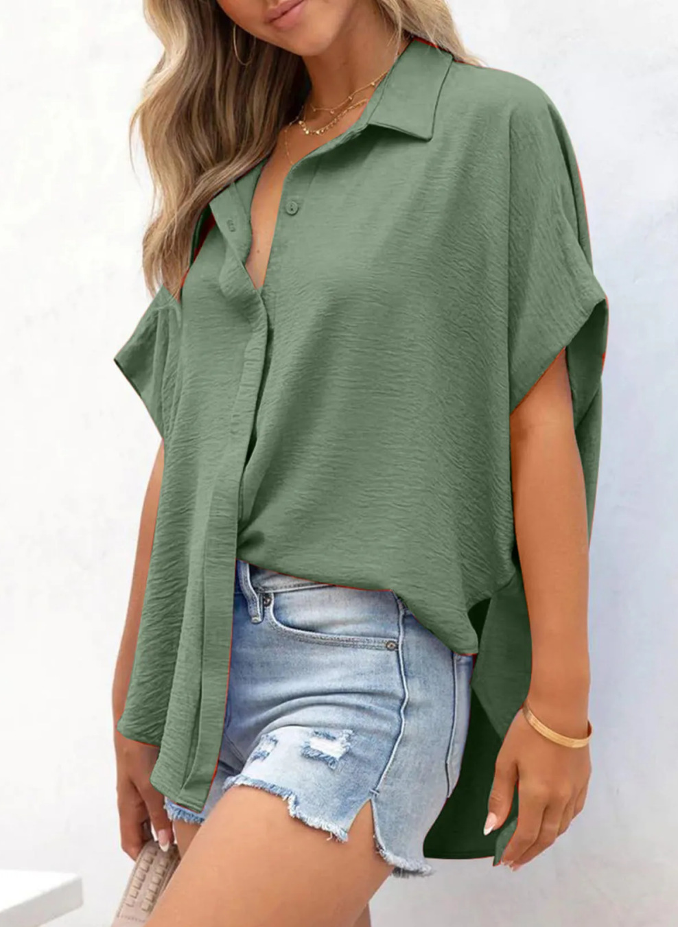 Women's Solid Color V-Neck Button Batwing Sleeve Shirt(BUY 2 FREE SHIPPING)