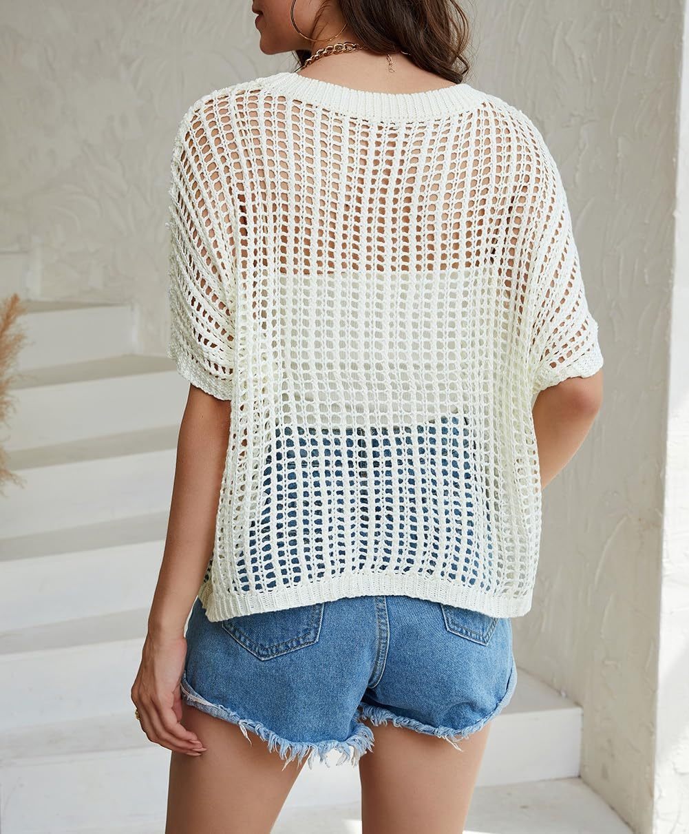 Womens Summer Casual Short Sleeve Hollow Out Pullover Knit Tops(BUY 2 FREE SHIPPING)