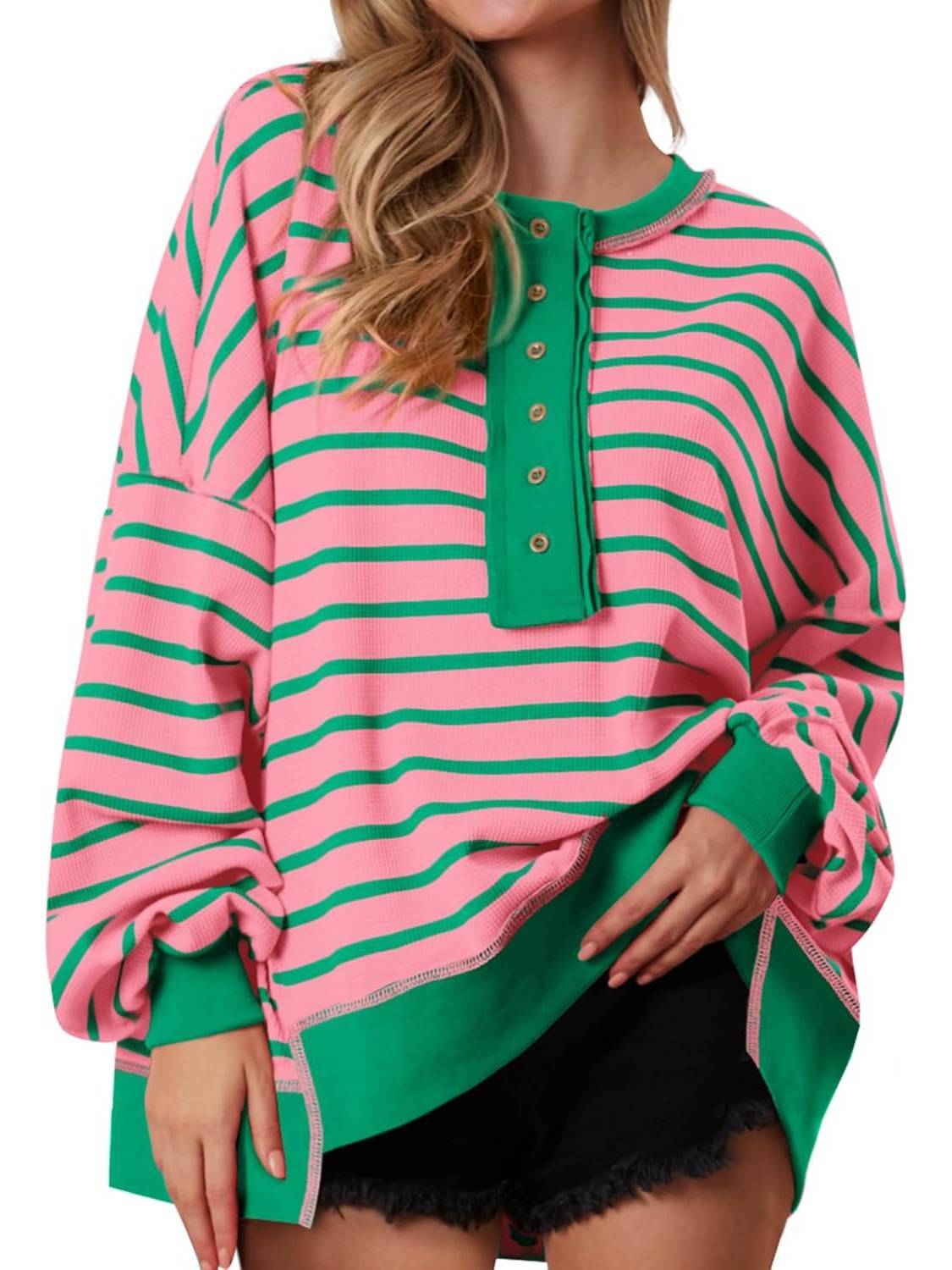 Women's Striped Oversized Button Up Henley Neck Waffle Knit Pullover（BUY 2 FREE SHIPPING)