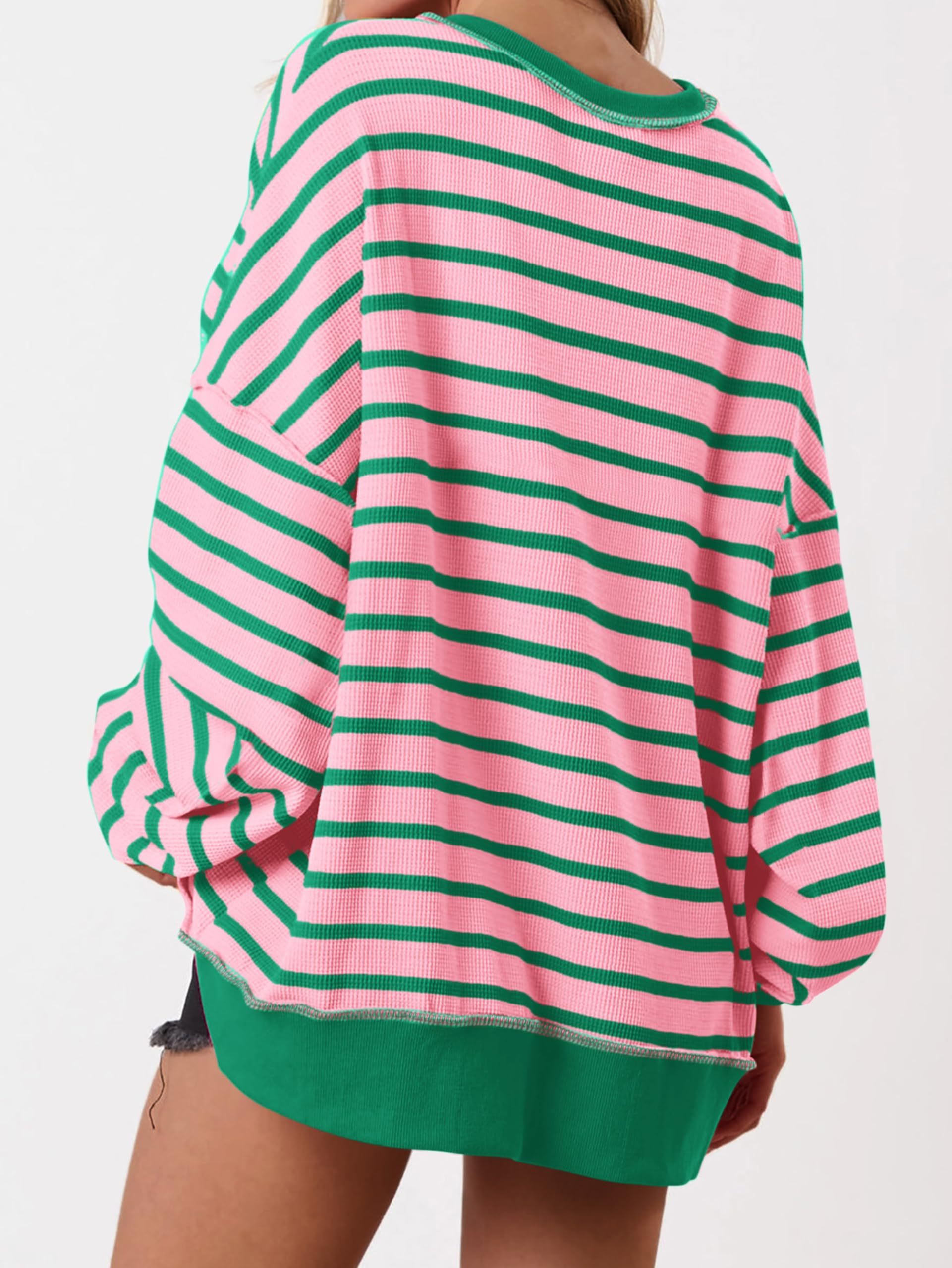 Women's Striped Oversized Button Up Henley Neck Waffle Knit Pullover（BUY 2 FREE SHIPPING)