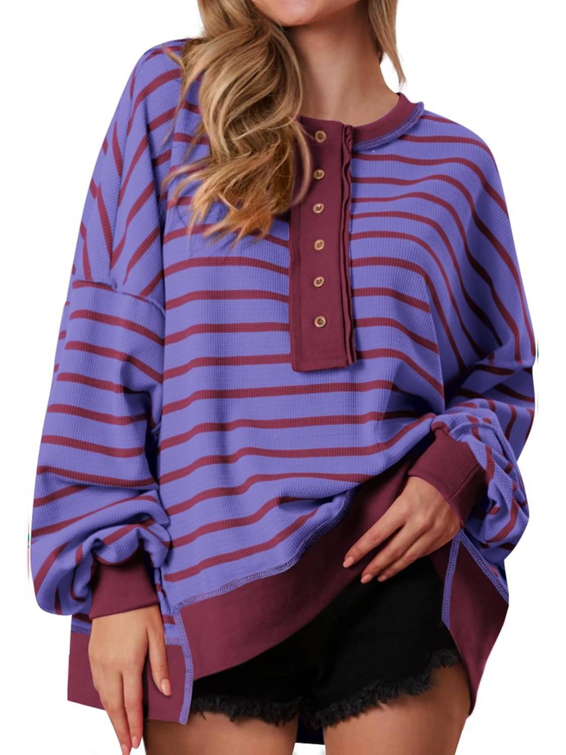 Women's Striped Oversized Button Up Henley Neck Waffle Knit Pullover（BUY 2 FREE SHIPPING)