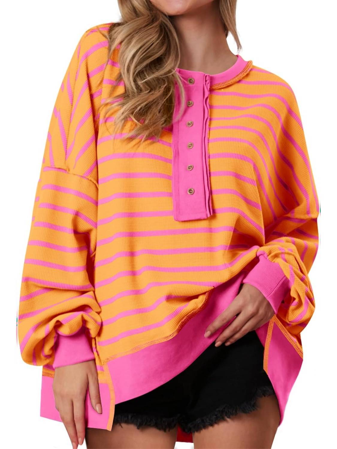 Women's Striped Oversized Button Up Henley Neck Waffle Knit Pullover（BUY 2 FREE SHIPPING)