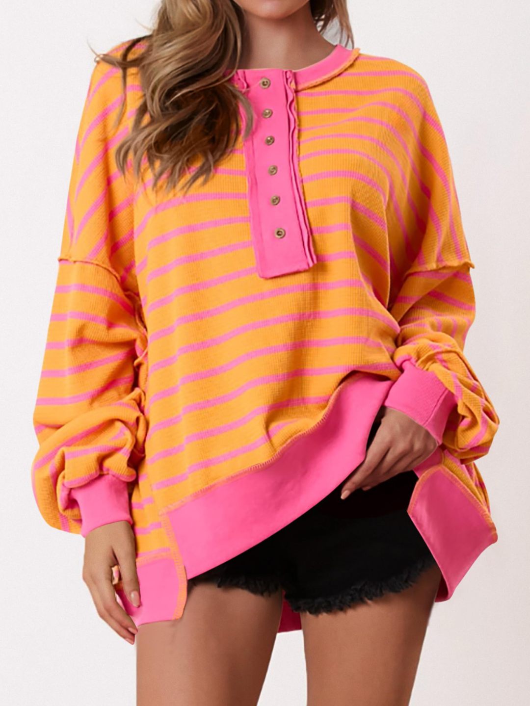 Women's Striped Oversized Button Up Henley Neck Waffle Knit Pullover（BUY 2 FREE SHIPPING)