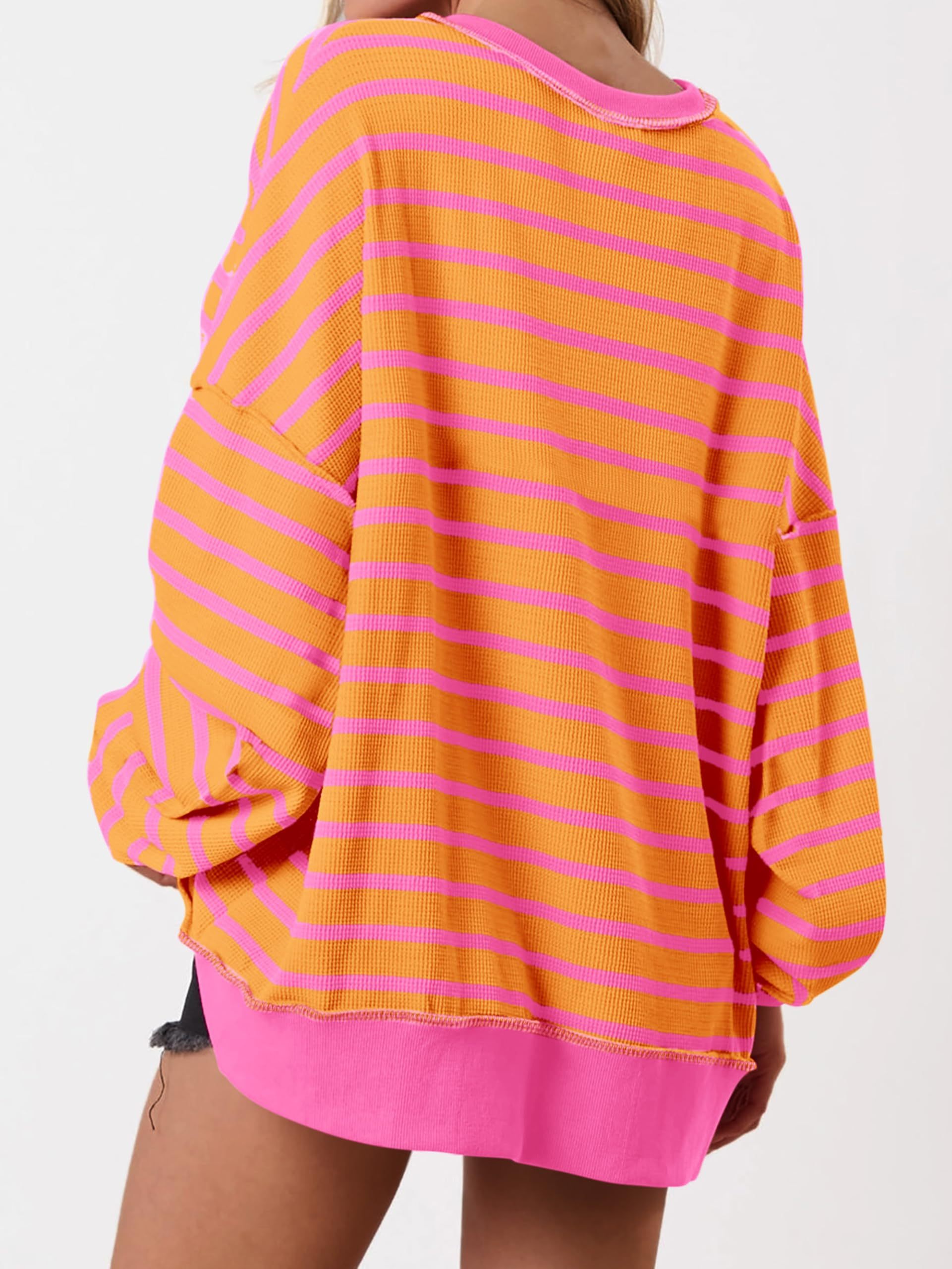 Women's Striped Oversized Button Up Henley Neck Waffle Knit Pullover（BUY 2 FREE SHIPPING)