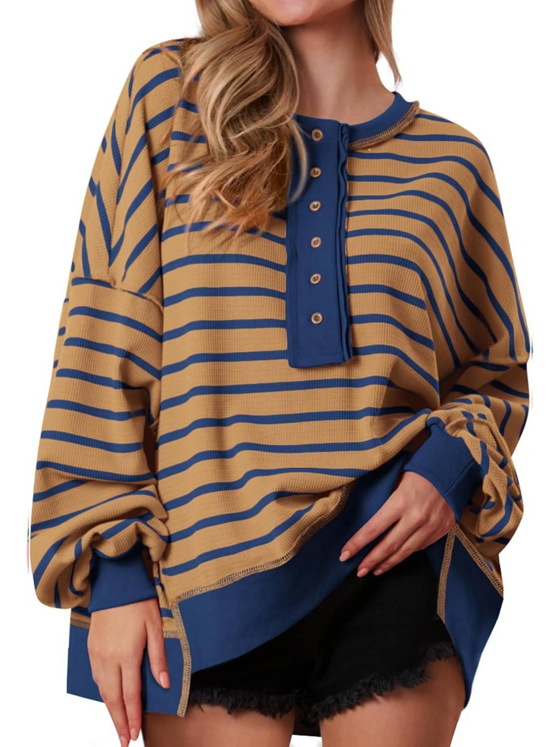 Women's Striped Oversized Button Up Henley Neck Waffle Knit Pullover（BUY 2 FREE SHIPPING)