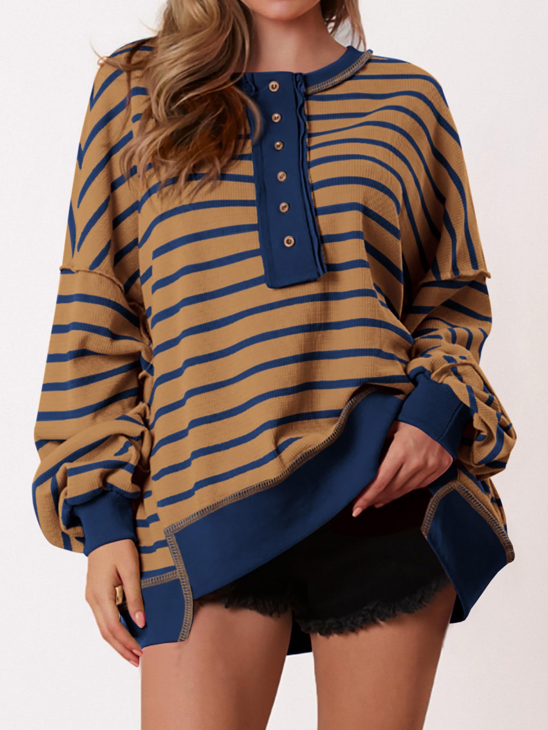 Women's Striped Oversized Button Up Henley Neck Waffle Knit Pullover（BUY 2 FREE SHIPPING)