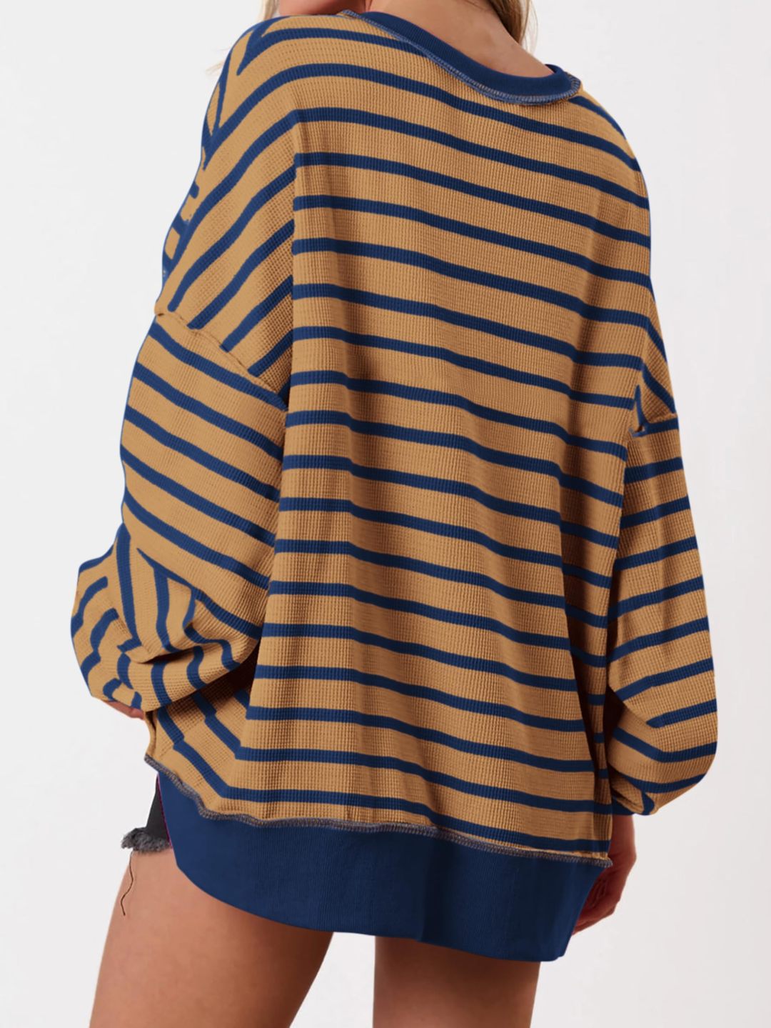 Women's Striped Oversized Button Up Henley Neck Waffle Knit Pullover（BUY 2 FREE SHIPPING)