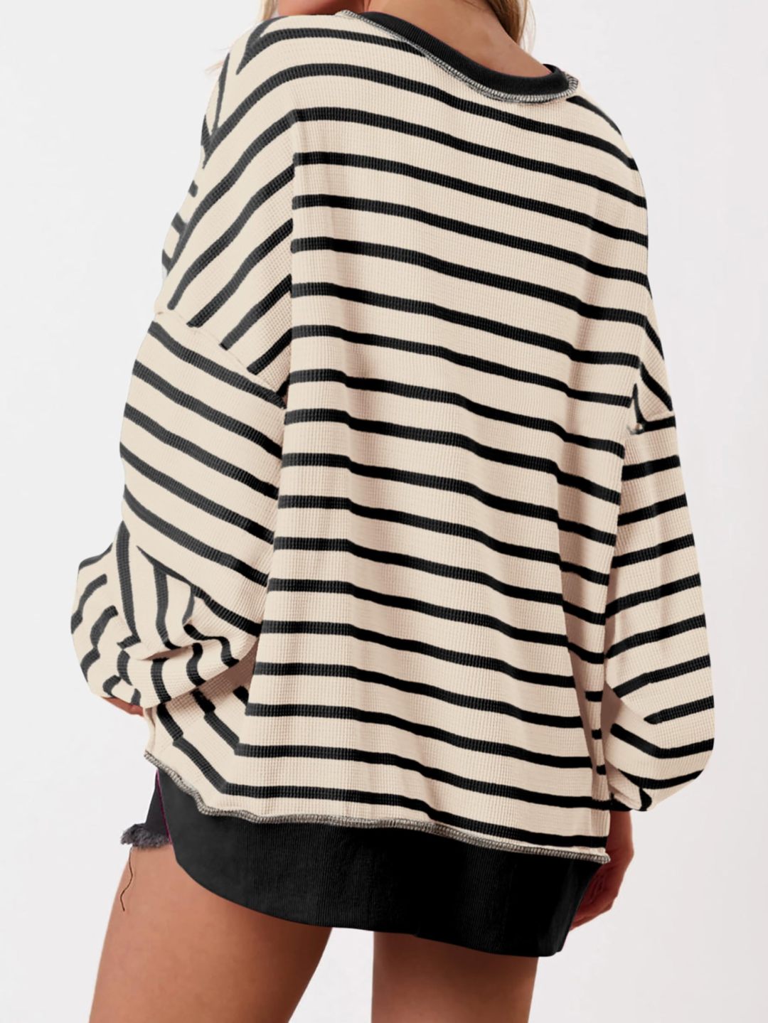 Women's Striped Oversized Button Up Henley Neck Waffle Knit Pullover（BUY 2 FREE SHIPPING)
