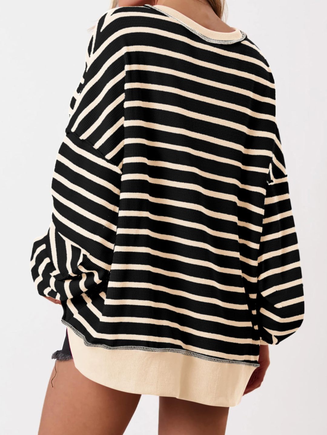 Women's Striped Oversized Button Up Henley Neck Waffle Knit Pullover（BUY 2 FREE SHIPPING)