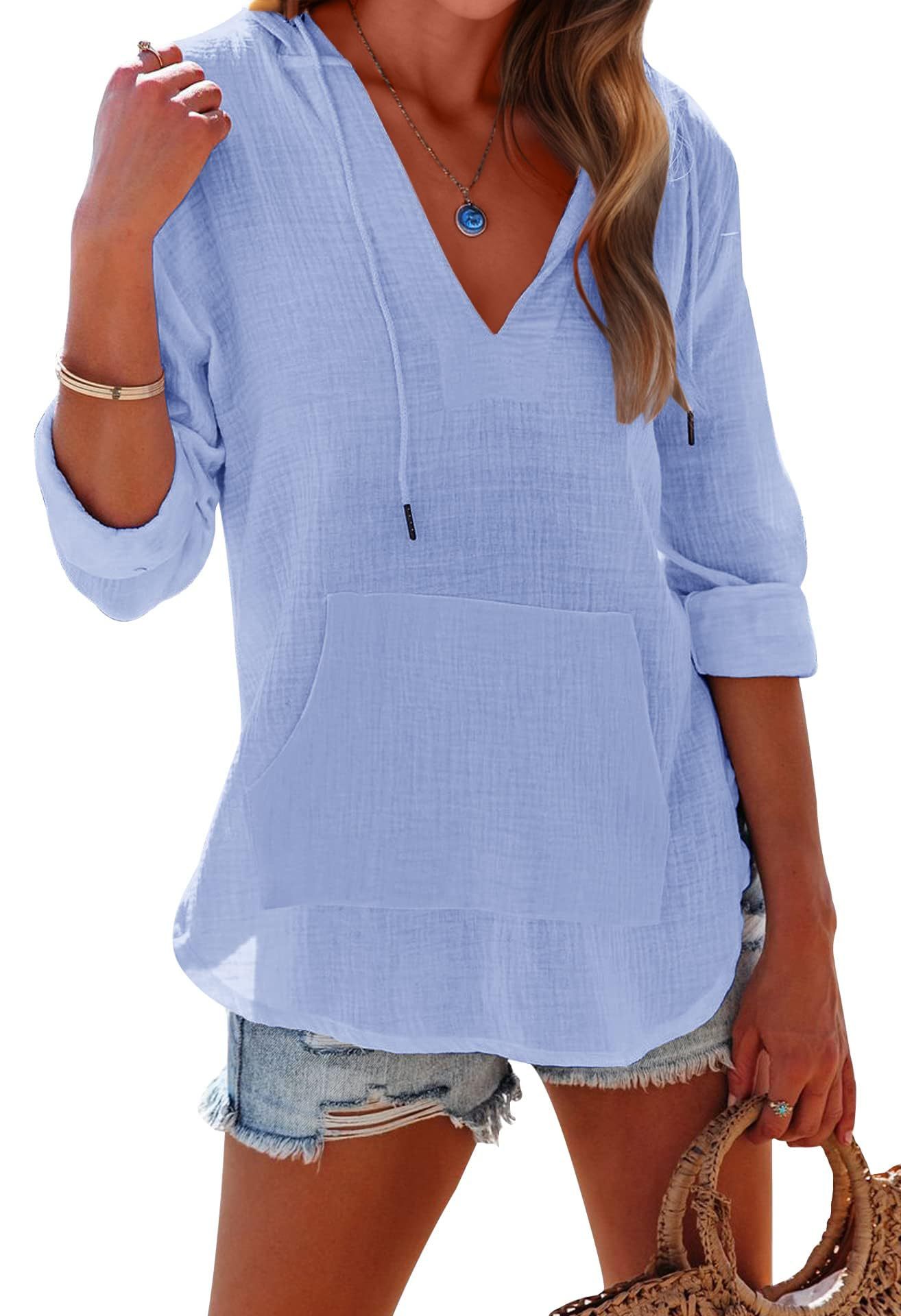 Women's Long Sleeve V Neck Pocketed Hooded Shirt Top(buy 2 free shipping)