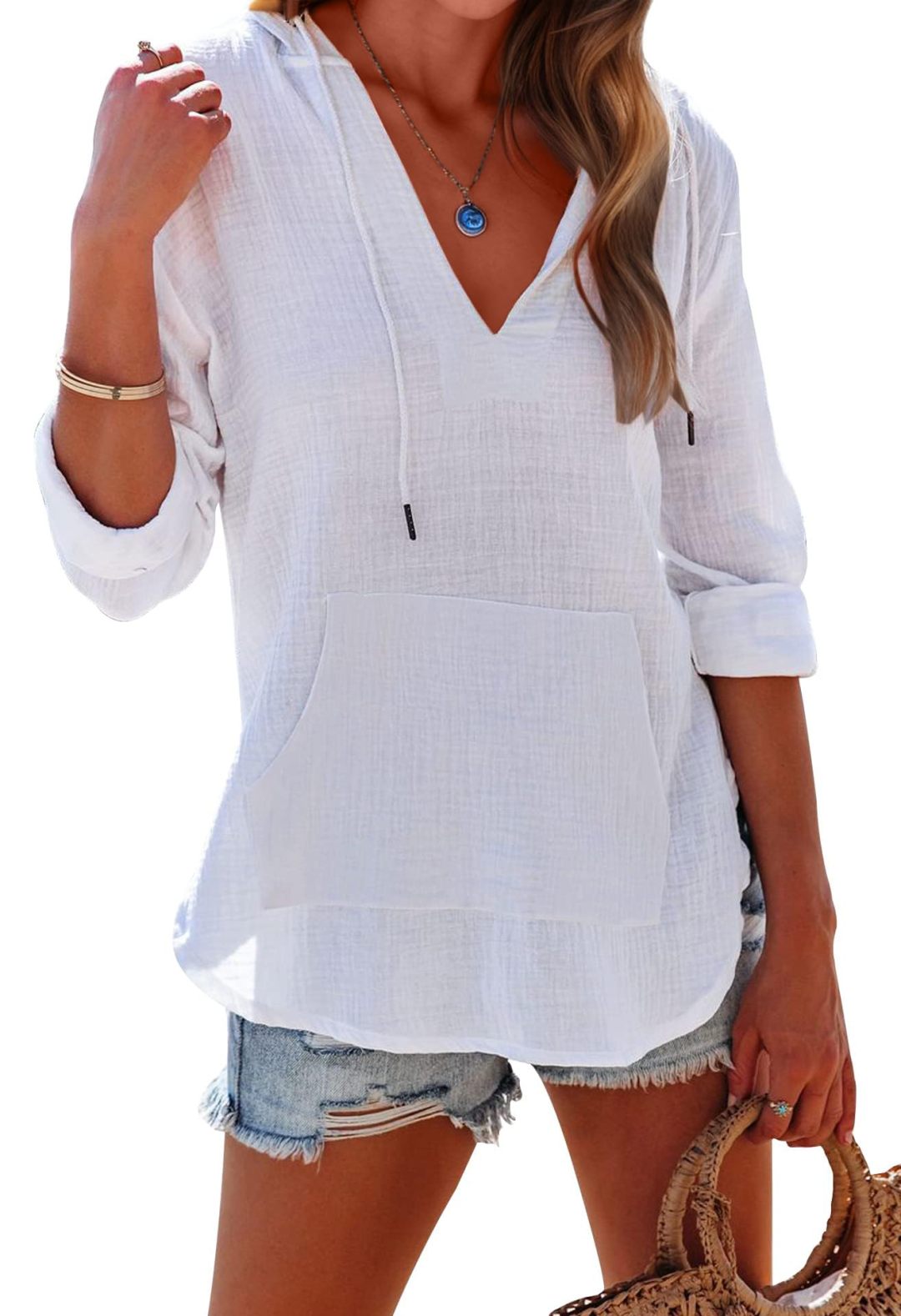 Women's Long Sleeve V Neck Pocketed Hooded Shirt Top(buy 2 free shipping)