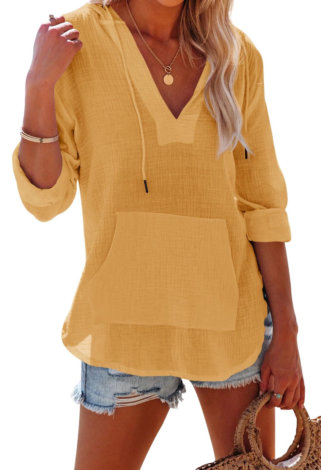 Women's Long Sleeve V Neck Pocketed Hooded Shirt Top(buy 2 free shipping)