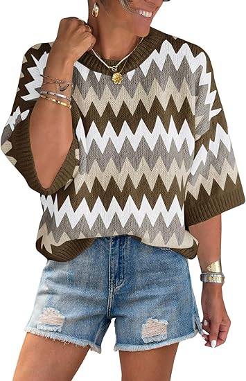 Women's short sleeve round neck color block striped top（BUY 2 FREE SHIPPING)