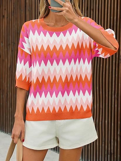 Women's short sleeve round neck color block striped top（BUY 2 FREE SHIPPING)