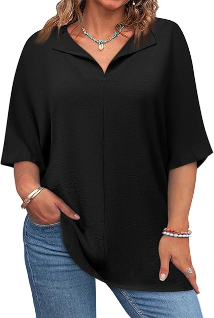 Plus Size Tops for Womens 2025 V Neck 3/4 Sleeve T-Shirts Summer Loose Blouses（BUY 3 FREE SHIPPING)