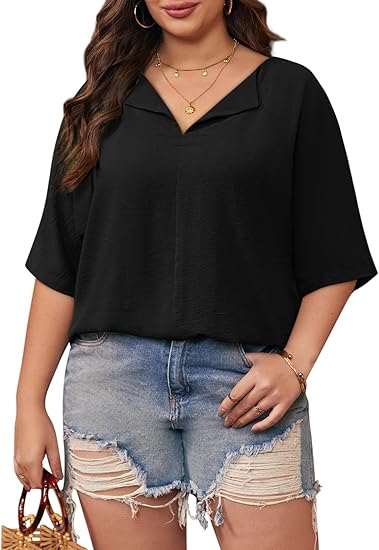 Plus Size Tops for Womens 2025 V Neck 3/4 Sleeve T-Shirts Summer Loose Blouses（BUY 3 FREE SHIPPING)