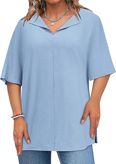 Plus Size Tops for Womens 2025 V Neck 3/4 Sleeve T-Shirts Summer Loose Blouses（BUY 3 FREE SHIPPING)