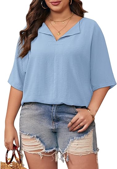 Plus Size Tops for Womens 2025 V Neck 3/4 Sleeve T-Shirts Summer Loose Blouses（BUY 3 FREE SHIPPING)